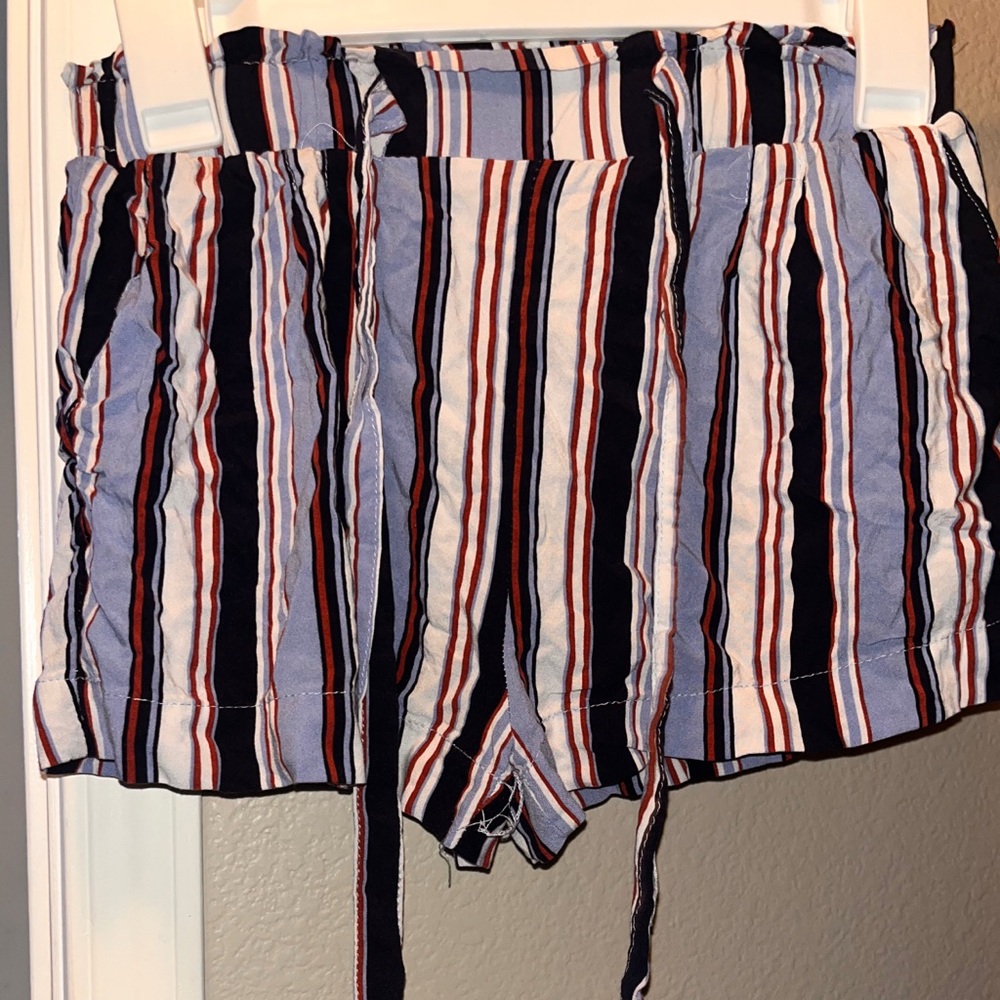 Ambiance Striped High-Waist Tie-Front Shorts — Navy, Light Blue, White & Rust